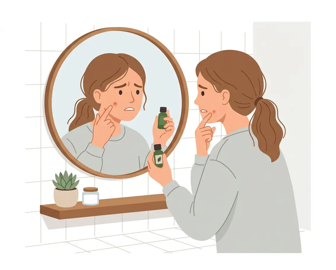 거울을 보며 피부 트러블을 고민하며 티트리오일을 들고 있는 여성 일러스트
