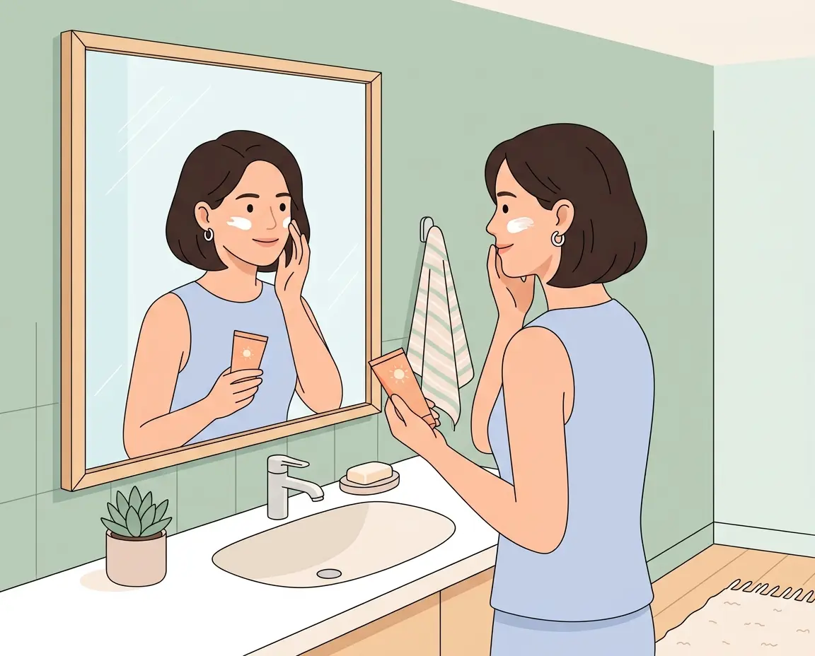 거울을 보며 선크림을 바르는 여성 일러스트