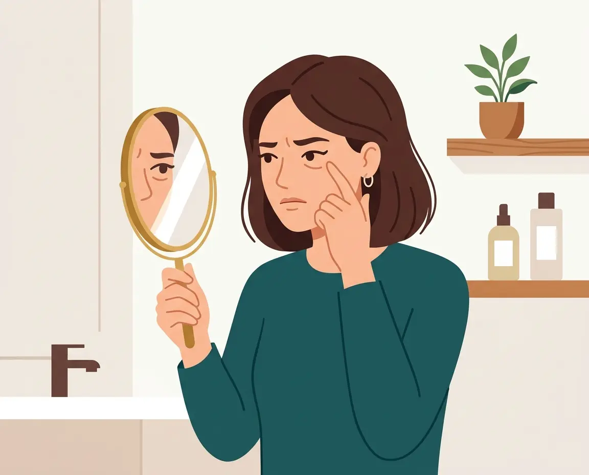 거울로 눈가 피부를 확인하며 고민하는 여성 일러스트