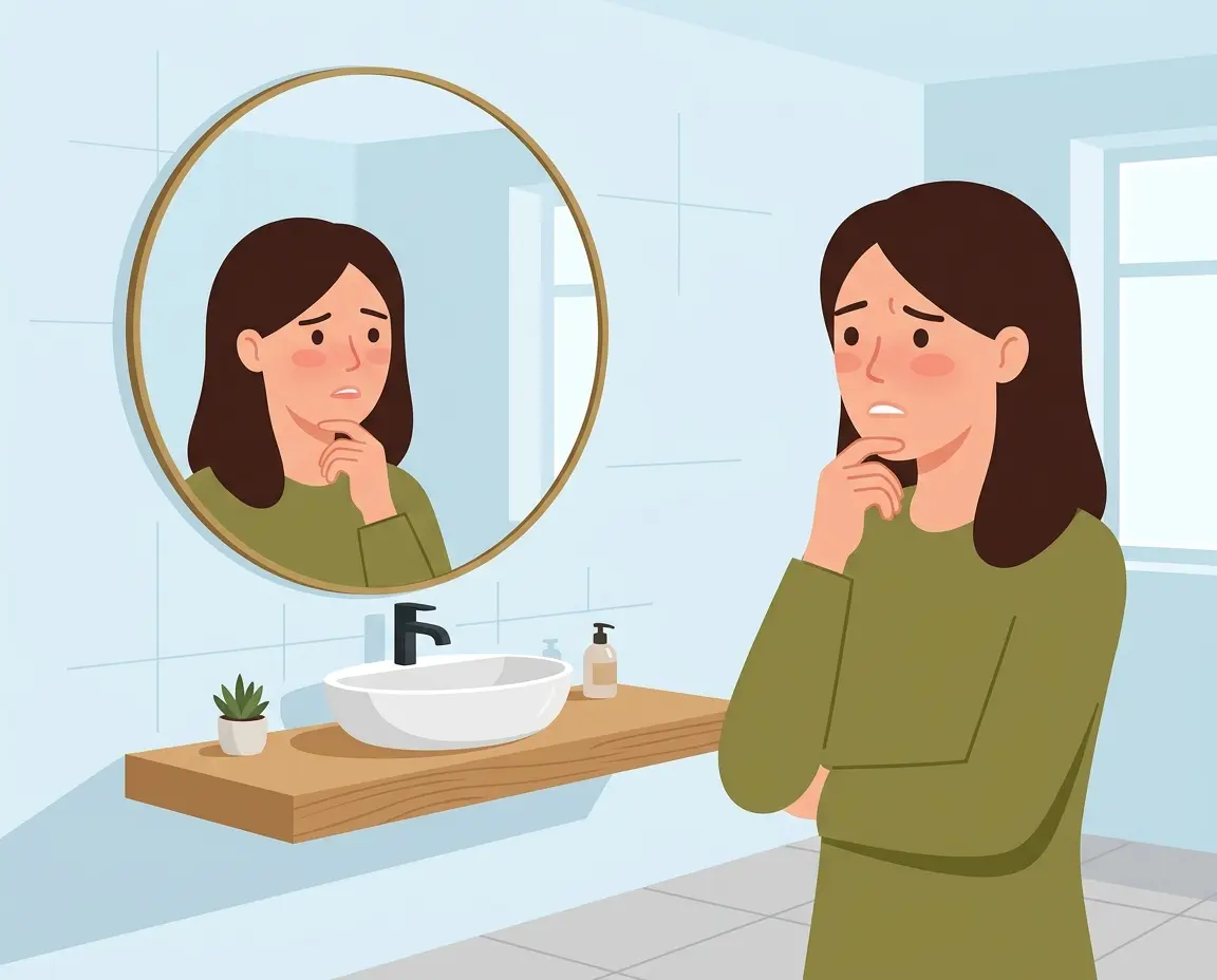 거울을 보며 붉어진 얼굴을 확인하는 여성 일러스트