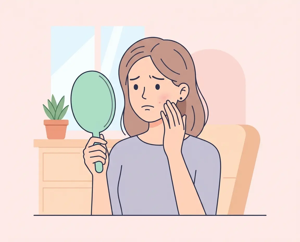 거울을 보며 볼 처짐을 고민하는 여성 일러스트