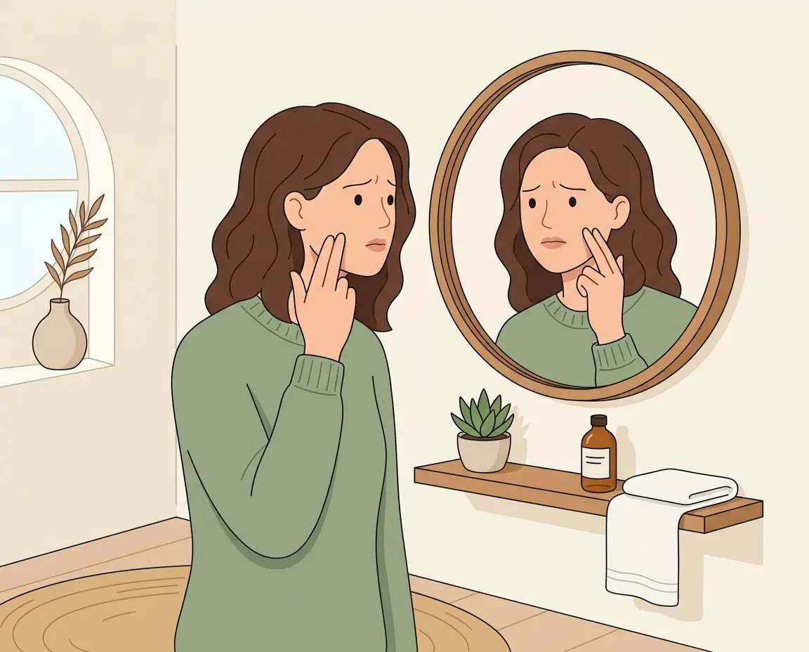 거울을 보며 피부 고민을 하는 30대 여성 일러스트
