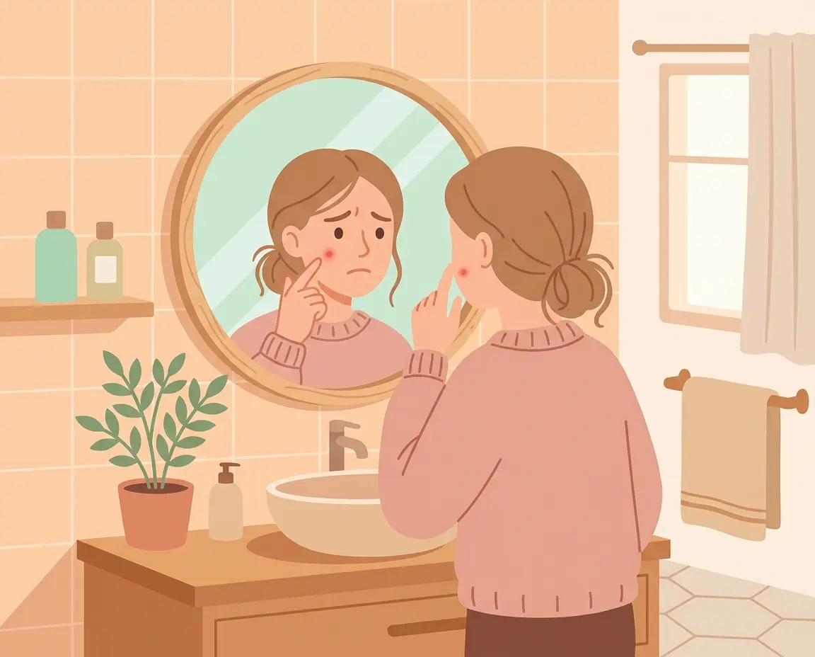 거울을 보며 얼굴의 붉은 자국을 고민하는 여성 일러스트
