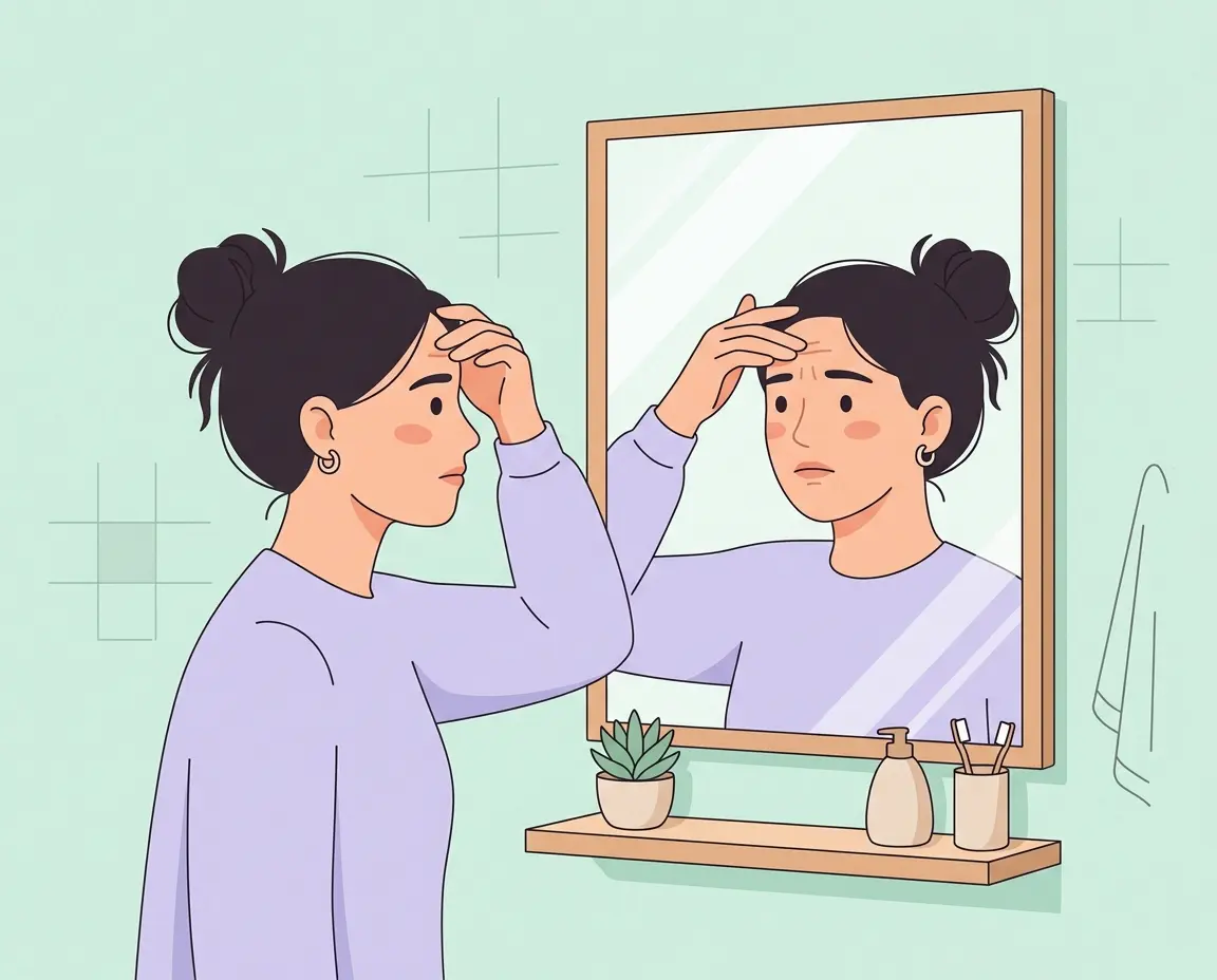 거울을 보며 이마와 미간 주름을 고민하는 여성 일러스트