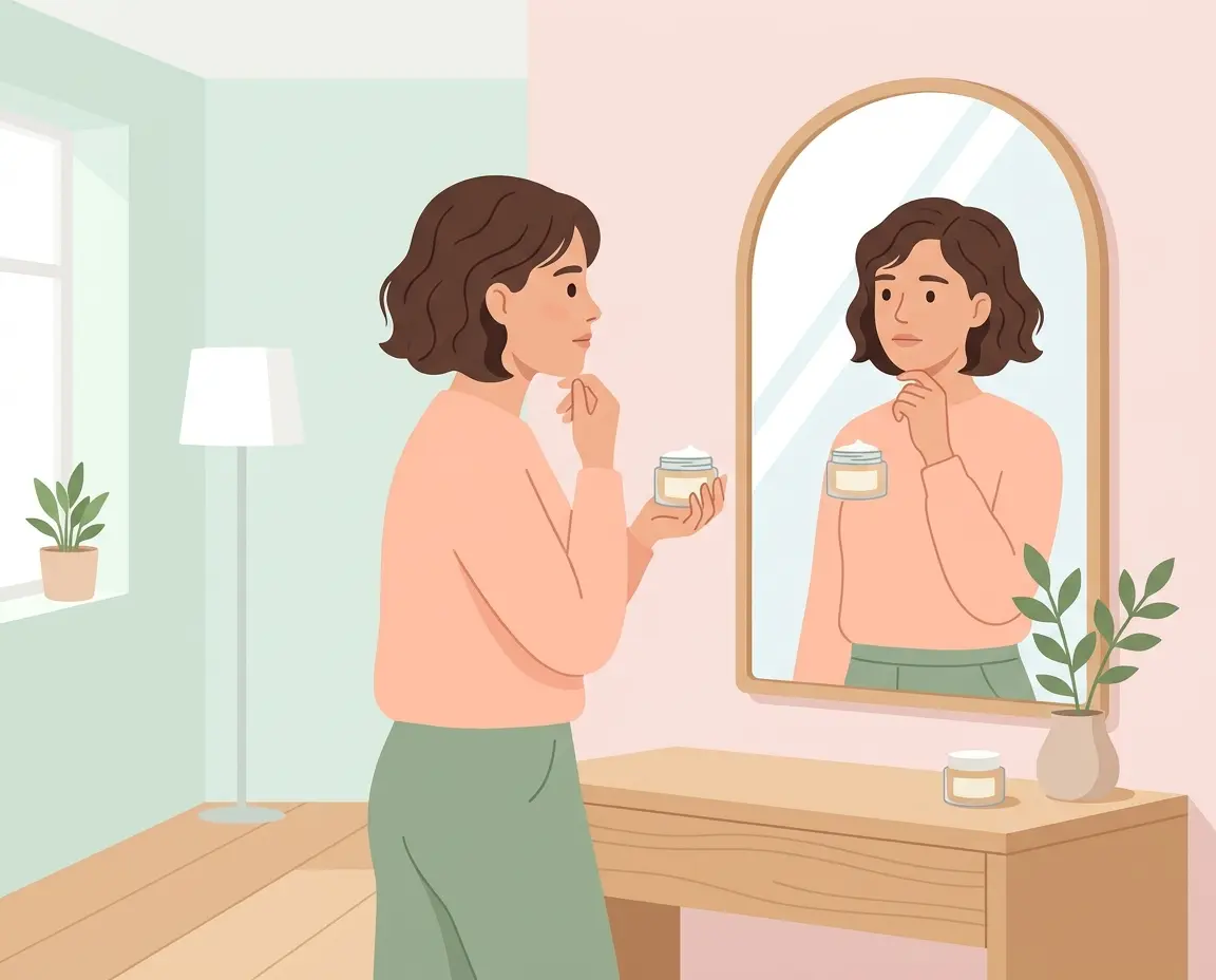 거울을 보며 콜라겐 크림의 효과를 고민하는 여성 일러스트