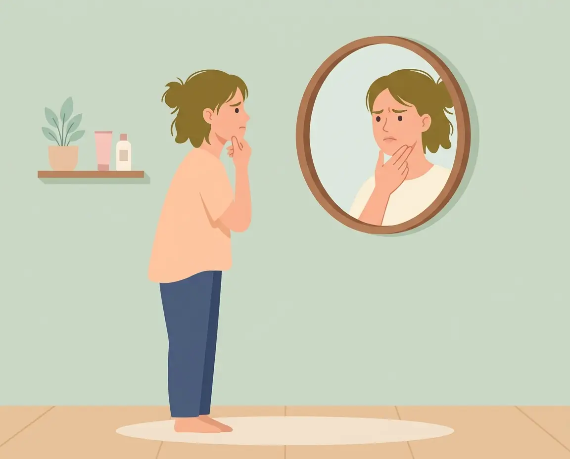 거울을 보며 턱 여드름 때문에 고민하는 여성 일러스트