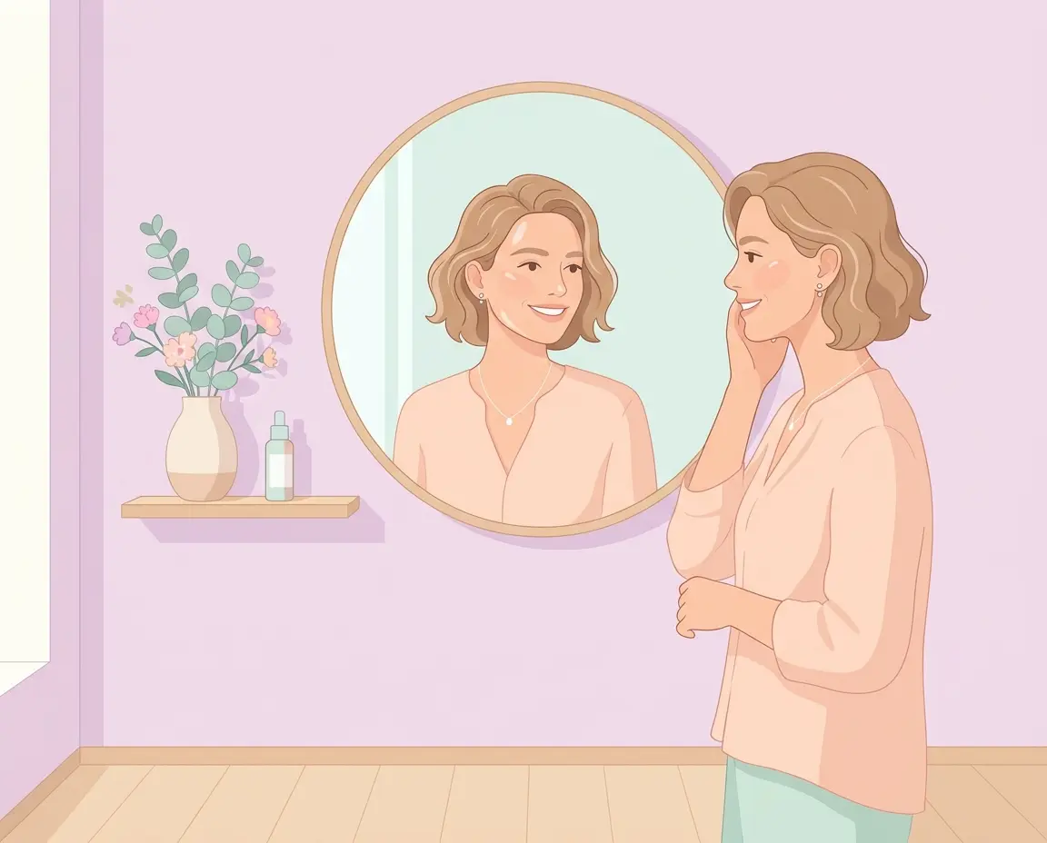 거울을 보며 미소 짓는 30대 여성의 맑고 탄력 있는 피부 일러스트