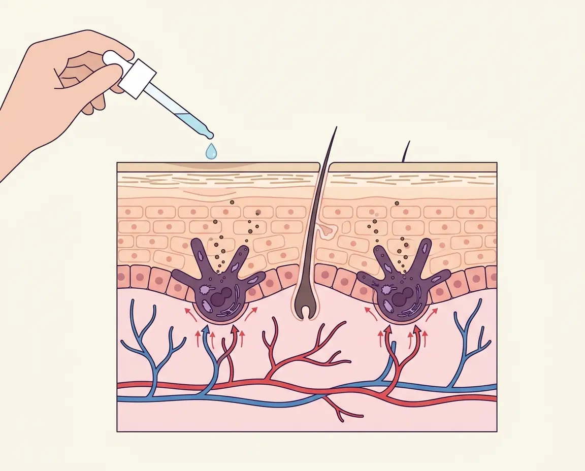 피부 표면에만 닿는 화장품과 진피층 깊숙이 자리 잡은 멜라닌 세포의 단면 일러스트